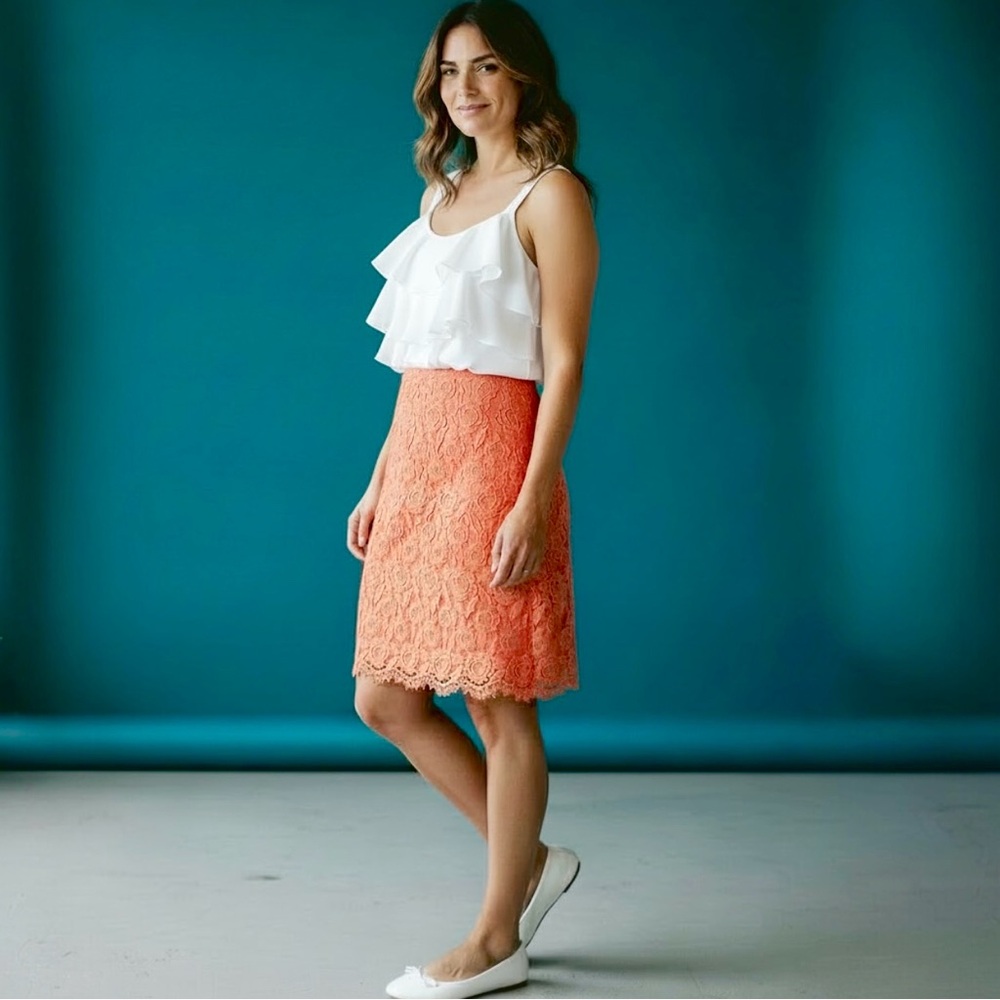 Talbots Petite Floral Crochet Lined Pencil Skirt Women’s 8P Dusty Orange